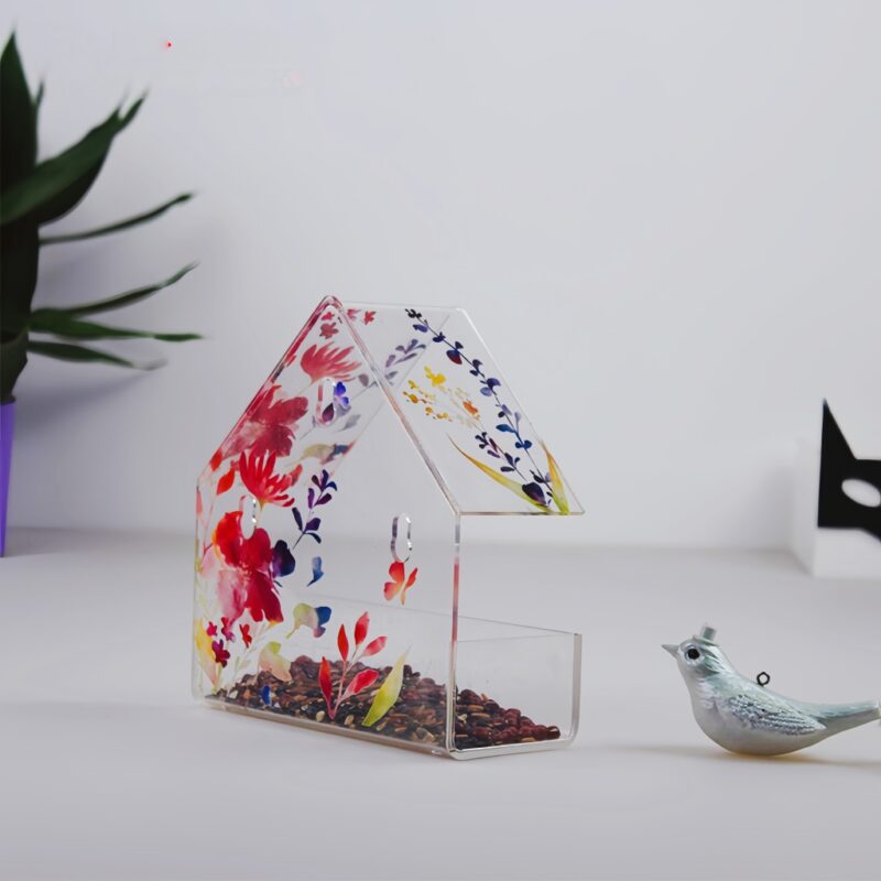 Spring-filled printed background window bird feeder with super strong suction cup - transparent acrylic feeding window cat bird house gift