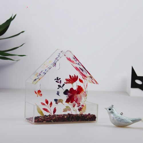 Spring-filled printed background window bird feeder with super strong suction cup - transparent acrylic feeding window cat bird house gift