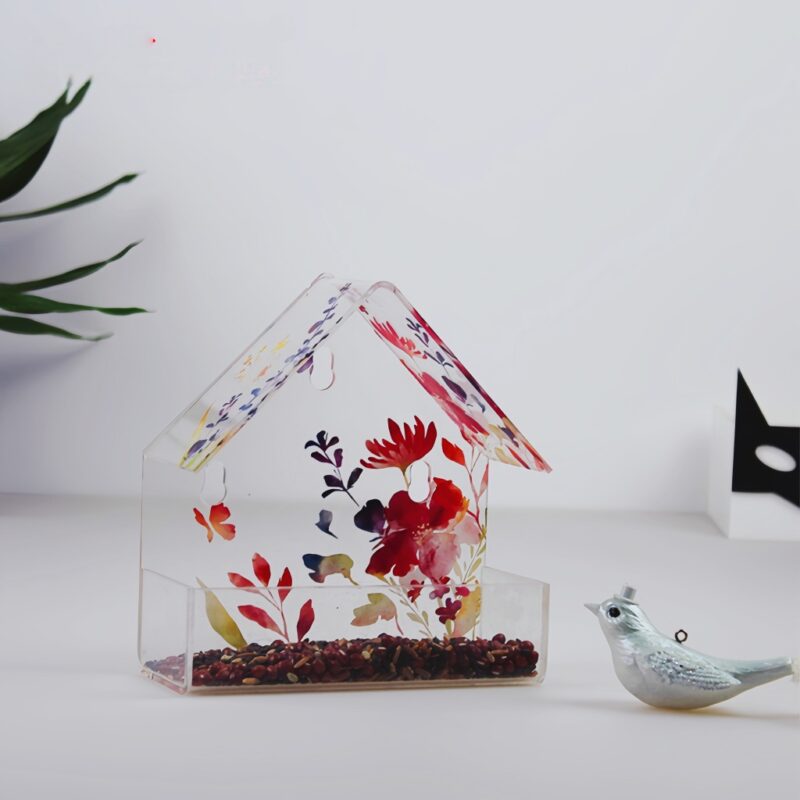 Spring-filled printed background window bird feeder with super strong suction cup - transparent acrylic feeding window cat bird house gift